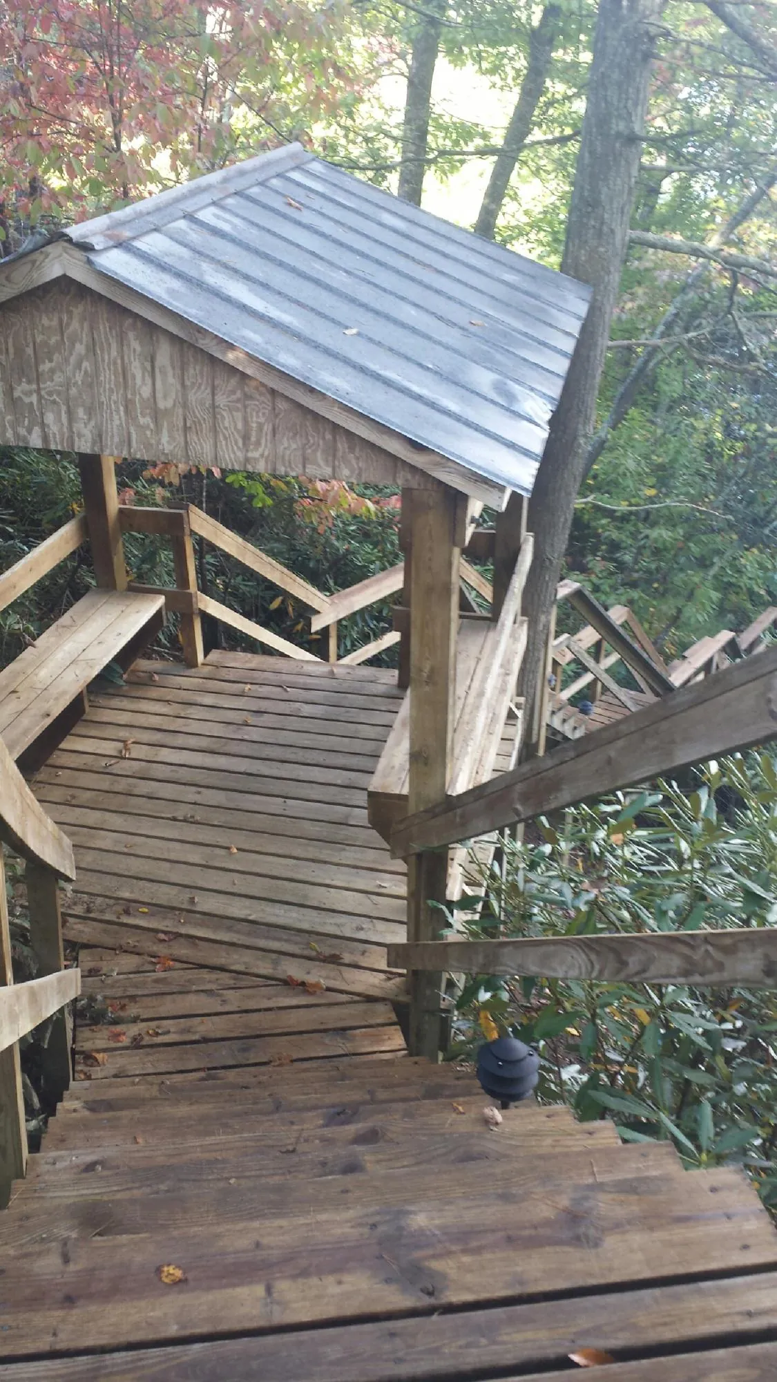 Metal roofed shelter over wooden steps on a wooded walkway — Skylight Repair & Installation work by our crew in Still Pond